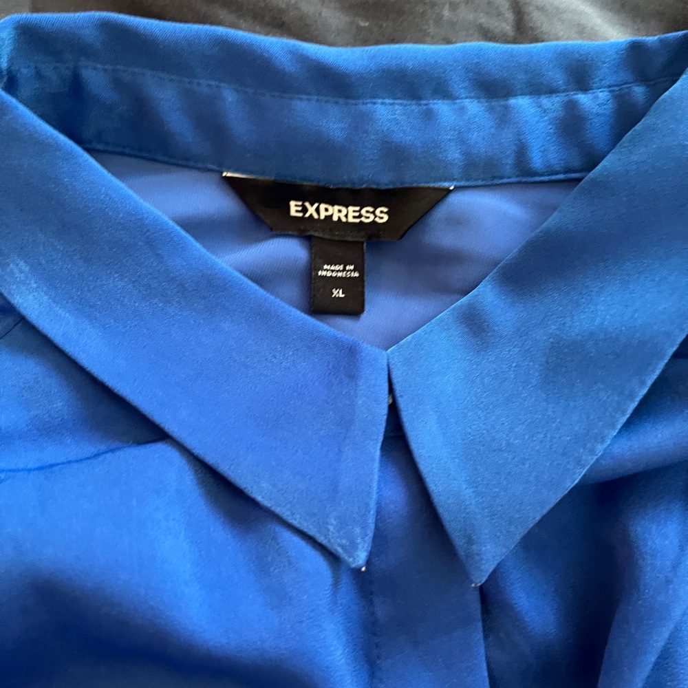Express Sapphire Blue Long Skimming Satin Button Down Shirt Size XL
